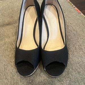 Kelly & Katie Black Peep-Toe Wedge Heels